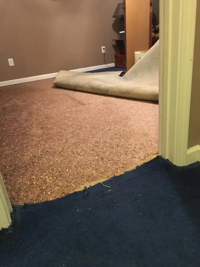 Carpet pad removal revealing water damage during Drying & Dehumidification in Oak Hills